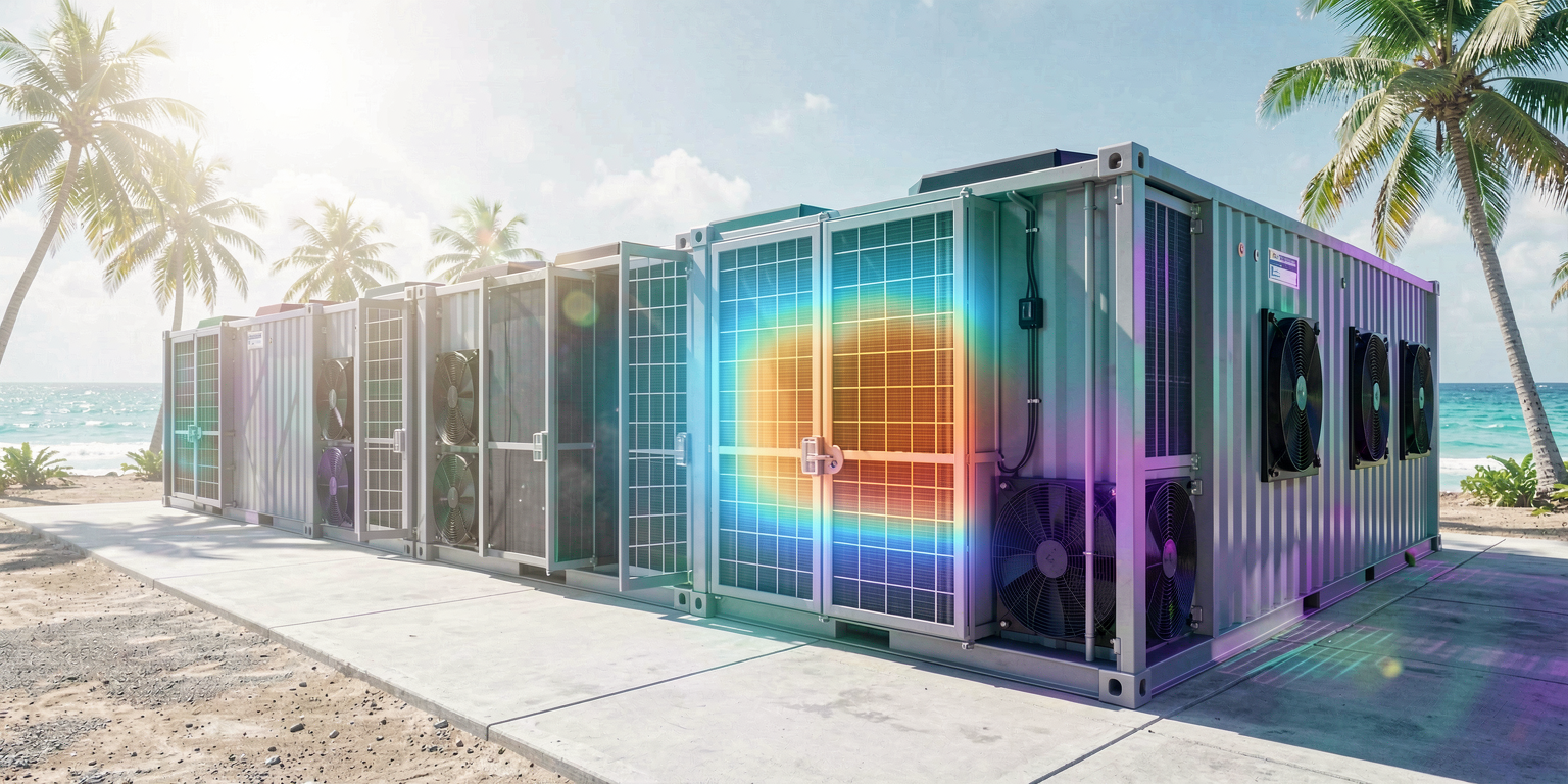 Grid-scale battery containers with liquid cooling under a tropical sun, with a thermographic heat-map overlay