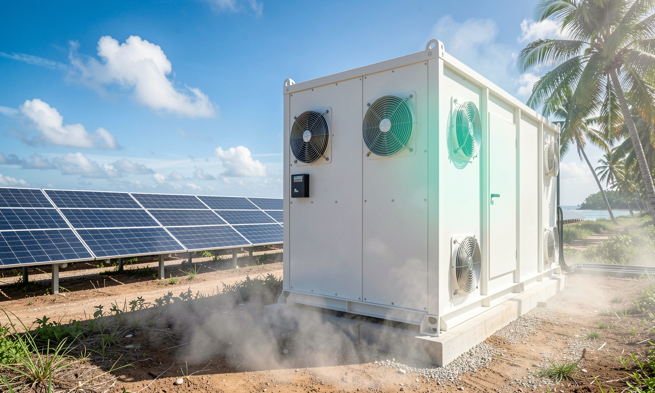 Battery storage container beside a solar farm in heat haze
